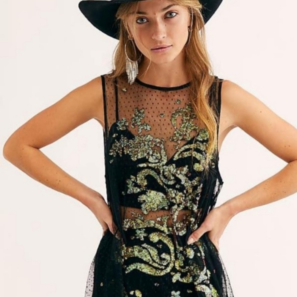 RARE Free people lace Swiss dot high low embellished sequin sheer midi dress XS!